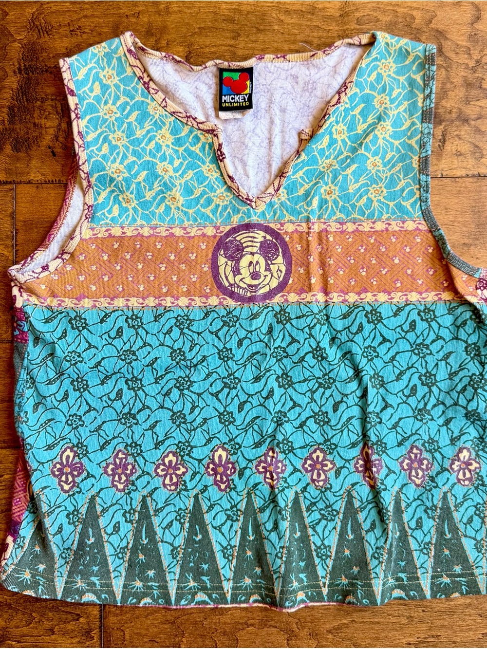 Mickey Unlimited Turquoise & Orange Patterned V-Neck Tank